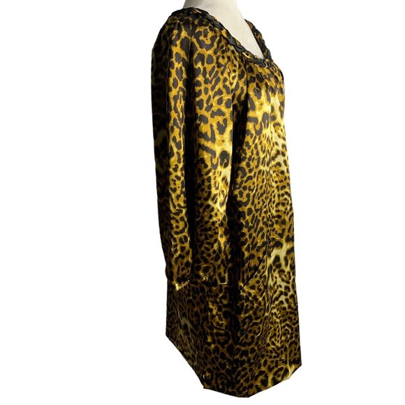 Vintage 90s Leopard Print Shift Dress L Brown Braided Collar Puff Sleeve Pockets - Picture 5 of 6